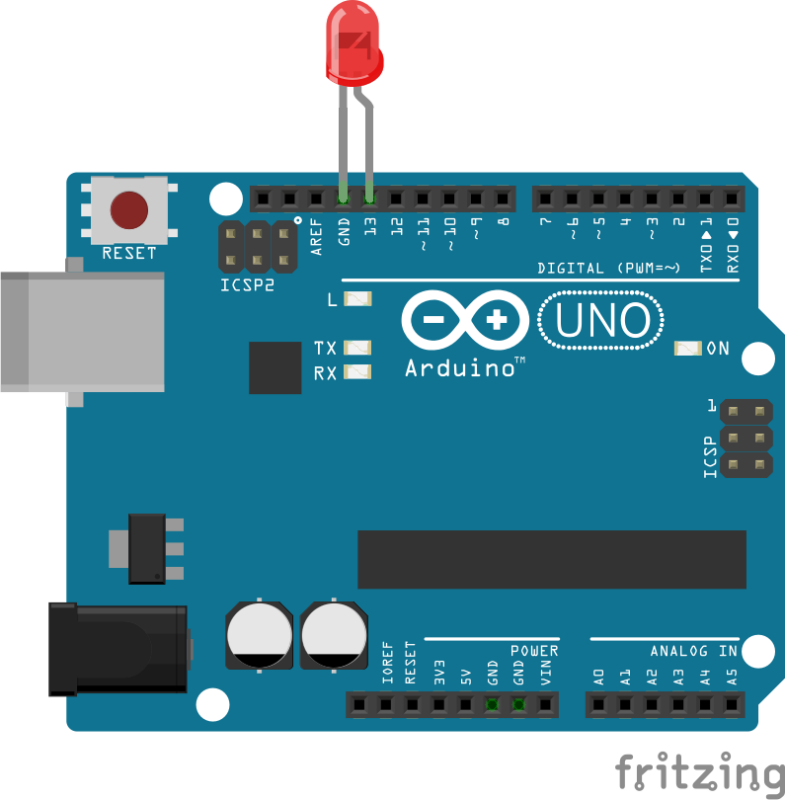 Arduino Uno mit angeschlossener LED an Pin 13