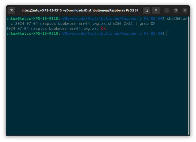 Intergritätsprüfung des Hashwertes am Terminal (Beispiel: Raspberry Pi OS)