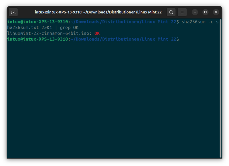 Intergritätsprüfung des Hashwertes am Terminal (Beispiel: Linux Mint 22)
