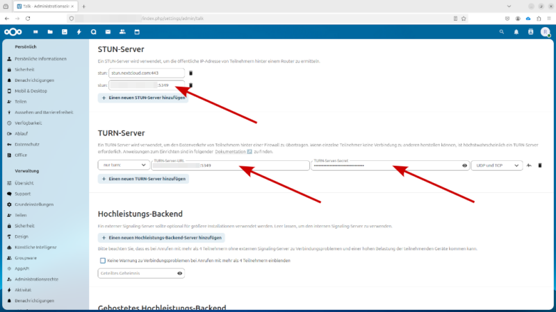 Eintrag der Domain für STUN- und TURN-Server (sowie Passwort)