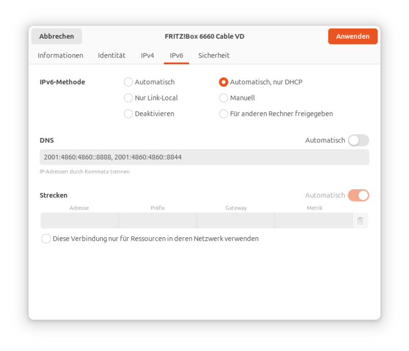 Einstellung der DNS-Server von Ubuntu (IPv6)