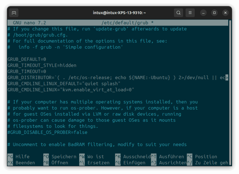 GRUB-Konfiguration (Entleerung des KVM-Moduls)