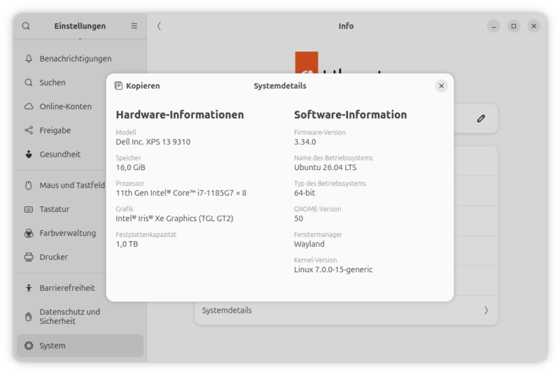 Systemdetails – Systeminformationen Ubuntu 26.04